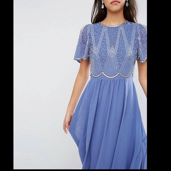 ASOS beaded vintage style tulle dress scallop edge design blue and silver sz 4 - Picture 5 of 14